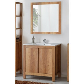 Bathroom Furniture Set: 800 Vanity Sink Freestanding Unit with Wall Mirror Oak Effect Classic