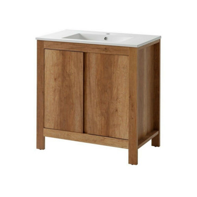 Bathroom Furniture Set: 800 Vanity Sink Freestanding Unit with Wall Mirror Oak Effect Classic