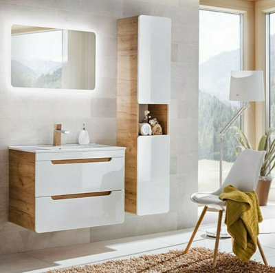 Tall slim white gloss store bathroom cabinet