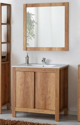 Bathroom Furniture Set: 800mm Vanity Floor Unit Freestanding with Sink + Wall Mirror Oak Effect Classic