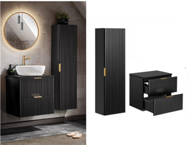 Bathroom Furniture Set Black Wall Hung Vanity with Drawers 600mm Countertop and Tall Cabinet Ribbed Fluted Adel