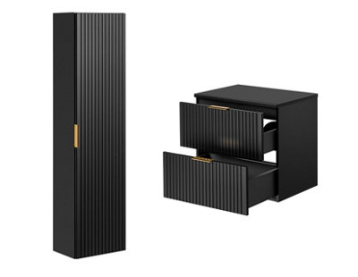 Bathroom Furniture Set Black Wall Hung Vanity with Drawers 600mm Countertop and Tall Cabinet Ribbed Fluted Adel