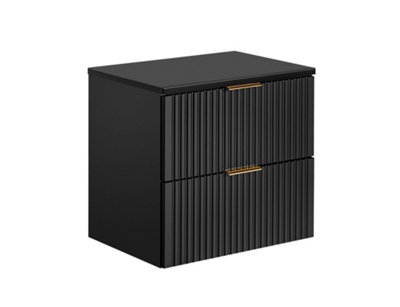 Bathroom Furniture Set Black Wall Hung Vanity with Drawers 600mm Countertop and Tall Cabinet Ribbed Fluted Adel