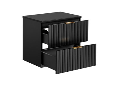 Bathroom Furniture Set Black Wall Hung Vanity with Drawers 600mm Countertop and Tall Cabinet Ribbed Fluted Adel