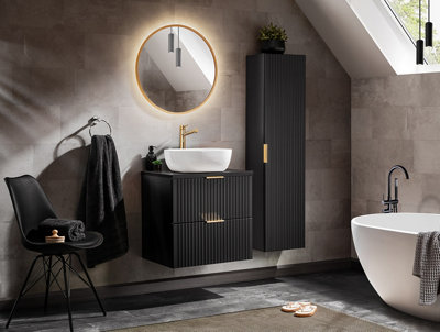 Bathroom Furniture Set Black Wall Hung Vanity with Drawers 600mm Countertop and Tall Cabinet Ribbed Fluted Adel