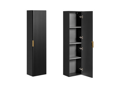 Bathroom Furniture Set Black Wall Hung Vanity with Drawers 600mm Countertop and Tall Cabinet Ribbed Fluted Adel