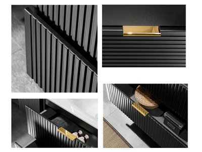 Bathroom Furniture Set Black Wall Hung Vanity with Drawers 600mm Countertop and Tall Cabinet Ribbed Fluted Adel
