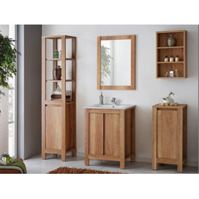 Bathroom Furniture Set: Freestanding 600 Vanity Sink Cabinet Mirror Tall Storage Unit Oak Effect Classic