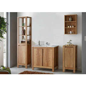 Bathroom Furniture Set: Freestanding 800 Vanity Sink Cabinet with Tallboy & Wall Unit Oak Effect Classic