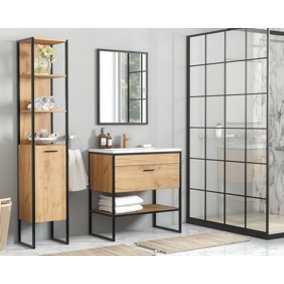 Bathroom Furniture Set: Tall Unit 600 Vanity Sink Cabinet Black Steel Oak Finish Freestanding Loft Industrial Brook