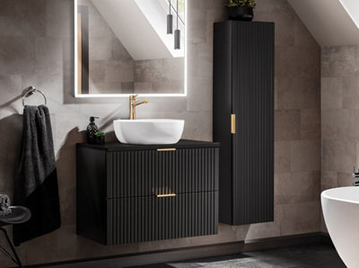 Bathroom Furniture Set Wall Hung Vanity Unit with Sink and 800mm Worktop Tall Cabinet Black Ribbed Fluted Adel