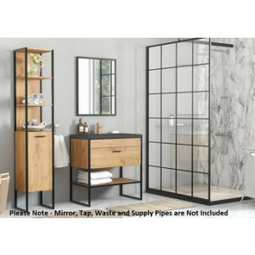 Bathroom Furniture Set with 800 Vanity Unit Black Sink Industrial Steel Oak Finish Loft Freestanding Brook