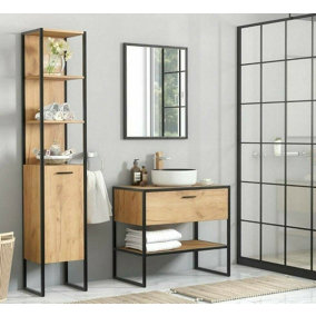 Bathroom Furniture Set with 900 Vanity Unit Tall Cabinet Black Steel Oak Finish Freestanding Loft Industrial Brook