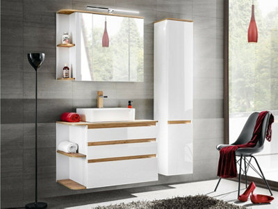 Bathroom Furniture Set with Countertop Vanity Sink Unit Wall Tallboy Mirror LED Lights White Gloss Oak Finish Plat
