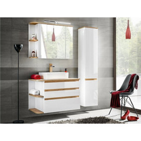 Bathroom Furniture Set with Countertop Vanity Sink Unit Wall Tallboy Mirror LED Lights White Gloss Oak Finish Plat