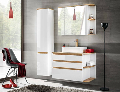Bathroom Furniture Set with Countertop Vanity Sink Unit Wall Tallboy Mirror White Gloss Oak Finish Plat