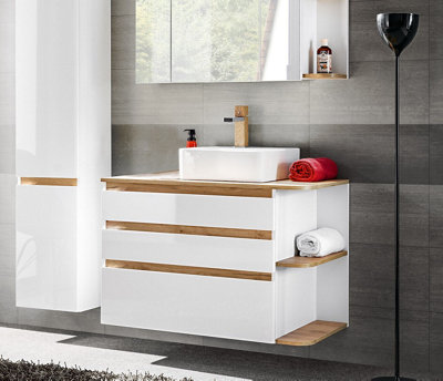 Bathroom Furniture Set with Countertop Vanity Unit with Basin & Wall Tallboy Cabinet White Gloss Oak Plat