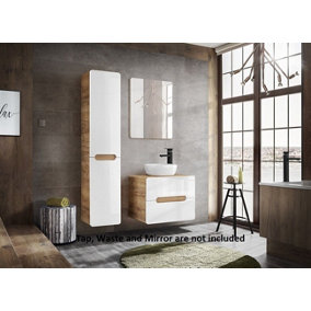 Bathroom Furniture Set with Tall Laundry Unit & 600 Vanity Countertop Sink White Gloss Oak Arub