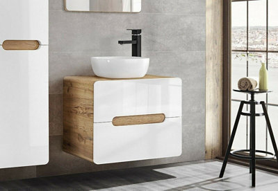 Bathroom Furniture Set with Tall Laundry Unit & 600 Vanity Countertop Sink White Gloss Oak Arub