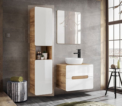 Bathroom Furniture Set with Tall Unit & 600 Vanity Cabinet with Countertop Sink White Gloss Oak Arub