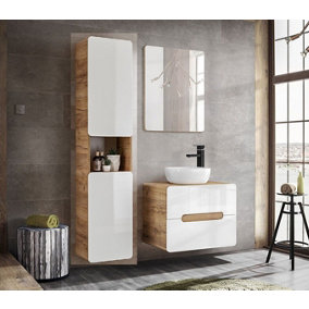 Bathroom Furniture Set with Tall Unit & 600 Vanity Cabinet with Countertop Sink White Gloss Oak Arub