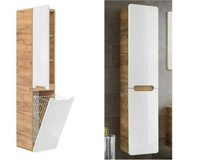 Bathroom Laundry Cabinet Pull Out Tilt Out Basket Tall Wall Hung Unit Linen Storage Hamper White Gloss and Oak Arub