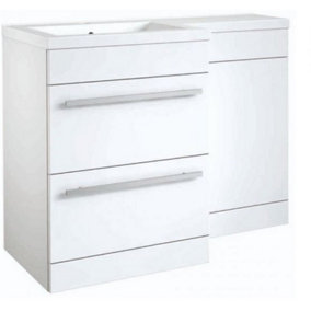 Bathroom Left Handed 2 Drawer Combination Unit with L Shape Basin 1100mm Wide (Nexus) - White - Brassware Not Included