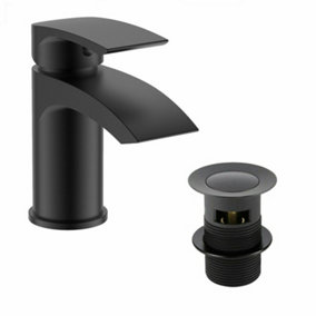 Bathroom Luxury Black Matt Basin Sink Mono Mixer Single Lever Tap & Waste