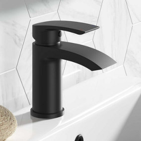 Bathroom Luxury Waterfall Black Matt Basin Sink Mono Mixer Single Lever Tap & Waste