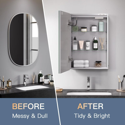 Bathroom Medicine Cabinet with Lights, 70cm x 50cm LED Mirror Medicine Cabinet