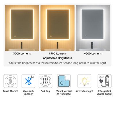 Bathroom Mirror LED 50x70cm Bluetooth Speakers Demister Shaver Socket 3 ...