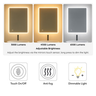 Bathroom Mirror LED Frameless Rectangular Touch Demister Dimmable 3 Colours 50cm x 70cm