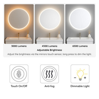 Bathroom Mirror LED Round 80cm Backlit, Touch Sensor, Heated Demister ...