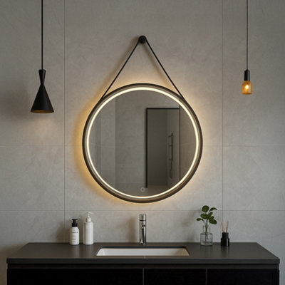Bathroom Mirror Round LED  60cm Black Frame, Anti-Fog Demister, Touch Sensor, Dimmable with 3 Colour Modes