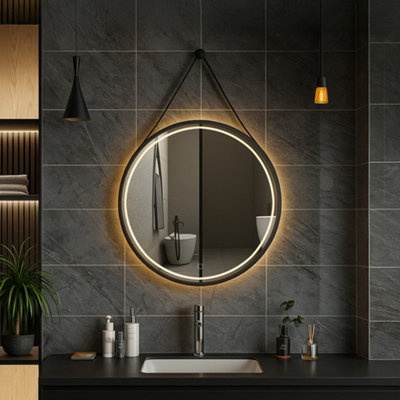 Bathroom Mirror Round LED 80cm Black Frame, Anti-Fog Demister, Touch ...