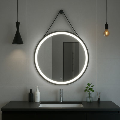 Bathroom Mirror Round LED 80cm Black Frame, Anti-Fog Demister, Touch ...