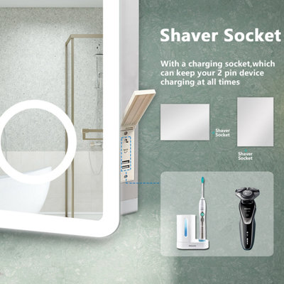 Bathroom Mirror with Bluetooth Shaver Socket 3 Colour LED Light 3X ...