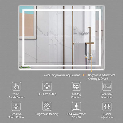 Bathroom Mirror with LED Lights 60X 80 CM Illuminated Backlit Wall Mounted Dimmable Switch 3 Colors and Demister