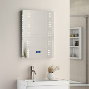 Bathroom Mirror with LED Lights and Clock Bedroom Vanity Mirror Anti-Fog Wall Mounted 50 x 70cm