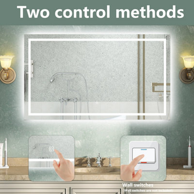 BATHROOM MIRROR WITH LED LIGHTS DEMISTER PAD ANTI-FOG DIMMABLE TOUCH ...
