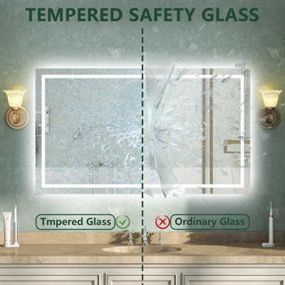 BATHROOM MIRROR WITH LED LIGHTS DEMISTER PAD ANTI-FOG DIMMABLE TOUCH ...