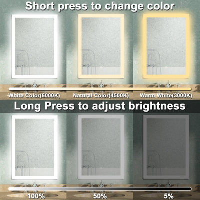 Bathroom Mirror with Lights 3 Colour LED Demister Pad Anti-fog Touch ...