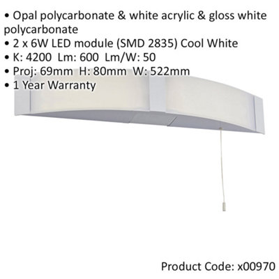 Bathroom Over Mirror Wall Light - 2 x 6W Cool White LED - White Acrylic