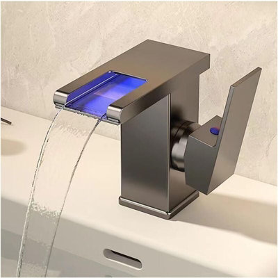 LED Color-Changing Bathroom Faucet With Waterfall Spout - Brushed Nickel, Single Handle