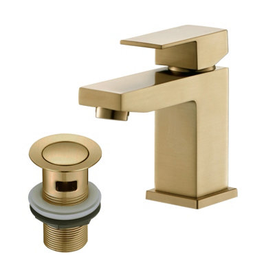 Bathroom Sink Taps, Basin Taps with Waste, Basin Tap Monobloc Brass Bathroom Sink Tap with Sink Plug 492MGO (Gold)