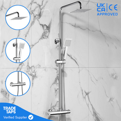 Bathroom Thermostatic Mixer Twin Head Square Shower Set - Chrome | DIY ...