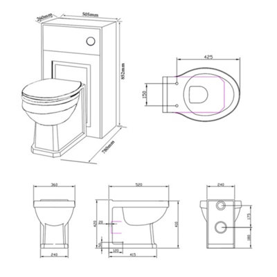 Bathroom Traditional Back to Wall Toilet with Soft Close Seat and WC Unit 500mm Wide - Matt Grey - (Aberdeen)