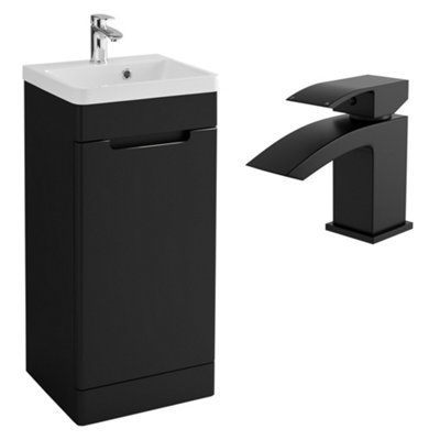 Bathroom Vanity Basin Unit 400mm Matt Black & Square Waterfall Basin ...