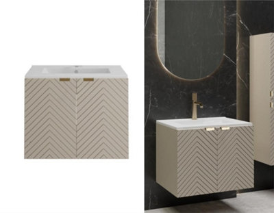 Bathroom Vanity Sink Basin 600mm Modern Wall Hung Cabinet Herringbone Beige Cara