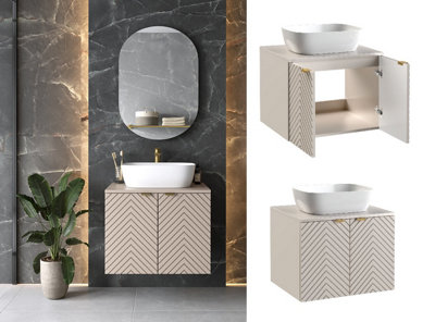 Bathroom Vanity Sink Unit 600mm Countertop Cabinet Fluted Ribbed Beige ...